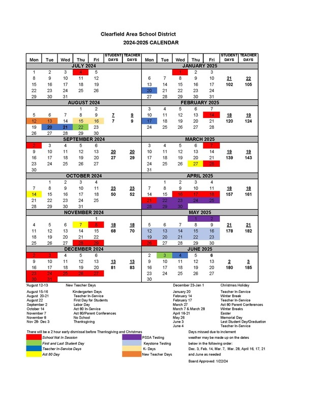 2024 2025 School Calendar Clearfield Area School District