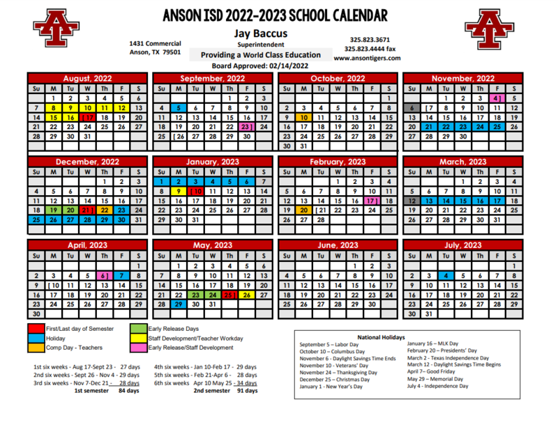 Anson Independent School District Calendar 2023 PublicHolidays