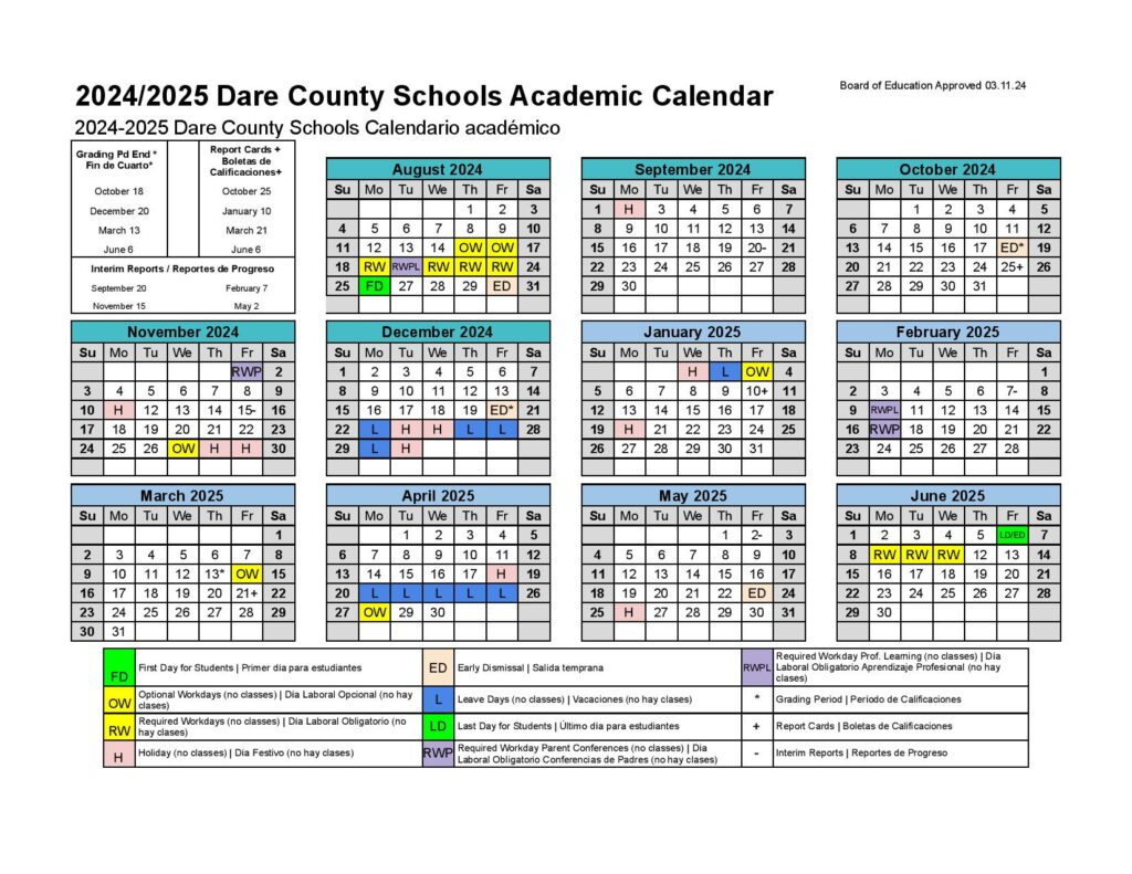 Dare County Schools Calendar 2024 2025 In PDF Holidays