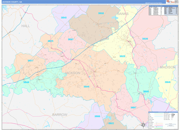 Jackson County GA Wall Map Color Cast Style By MarketMAPS MapSales