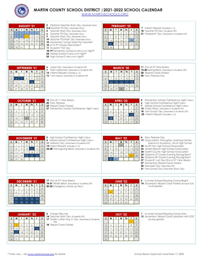 Martin County Florida School Calendar 2022 2023 February Calander 2022