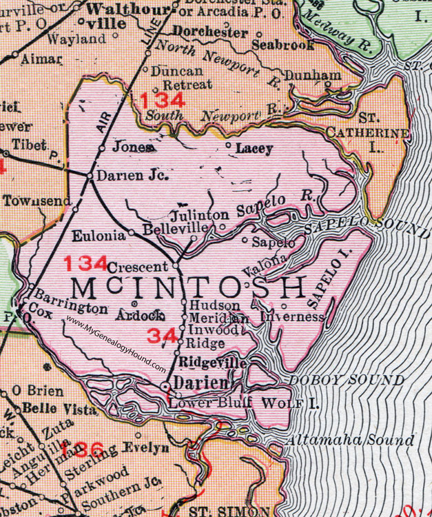 McIntosh County Georgia 1911 Map Darien Crescent Townsend Valona