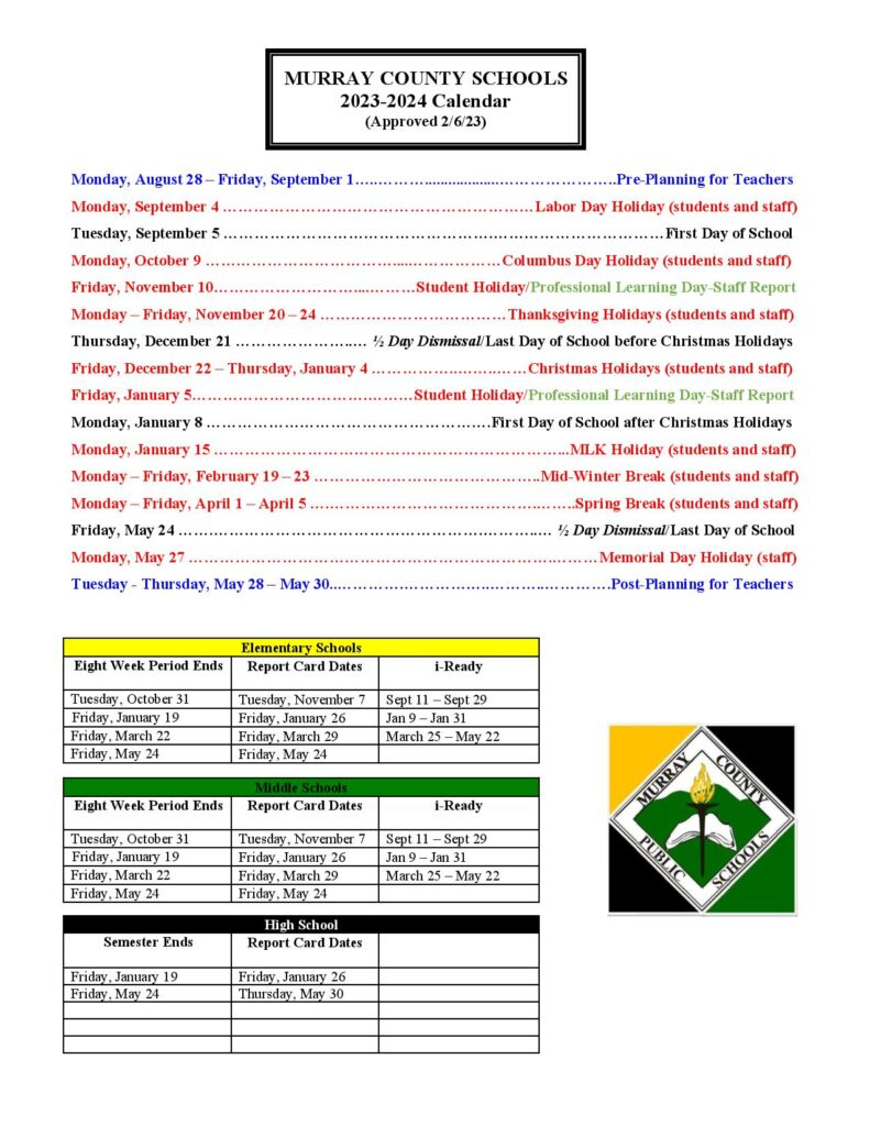Murray County Schools Calendar 2023 2024 In PDF