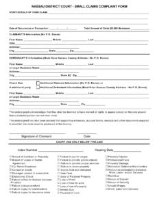 Nassau County New York Small Claims Complaint Form Fill Out Sign