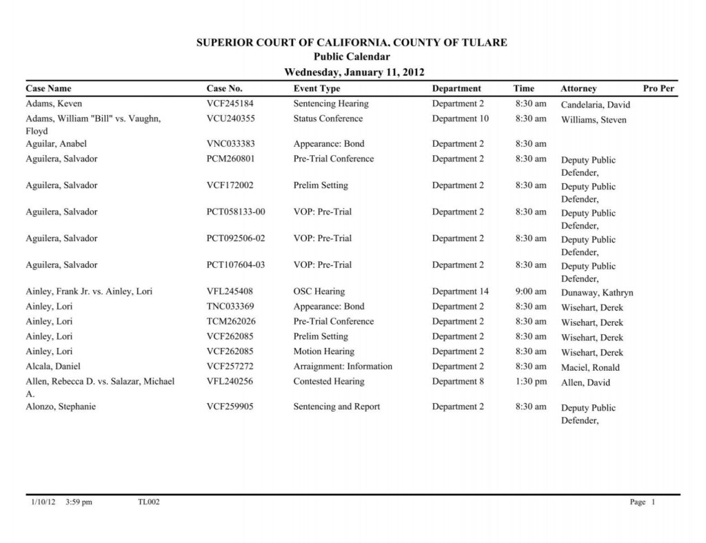 TL002 Public Calendar All Judges Tulare County Superior Court
